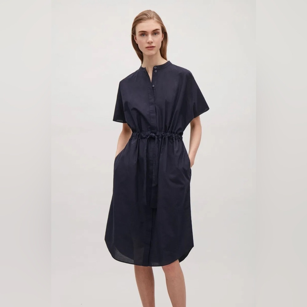 COS Navy Drawstring Midi Shirt Dress